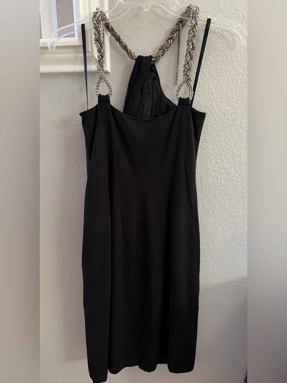 David Meister Black Strapless Evening Dress with Silver Chain Straps
